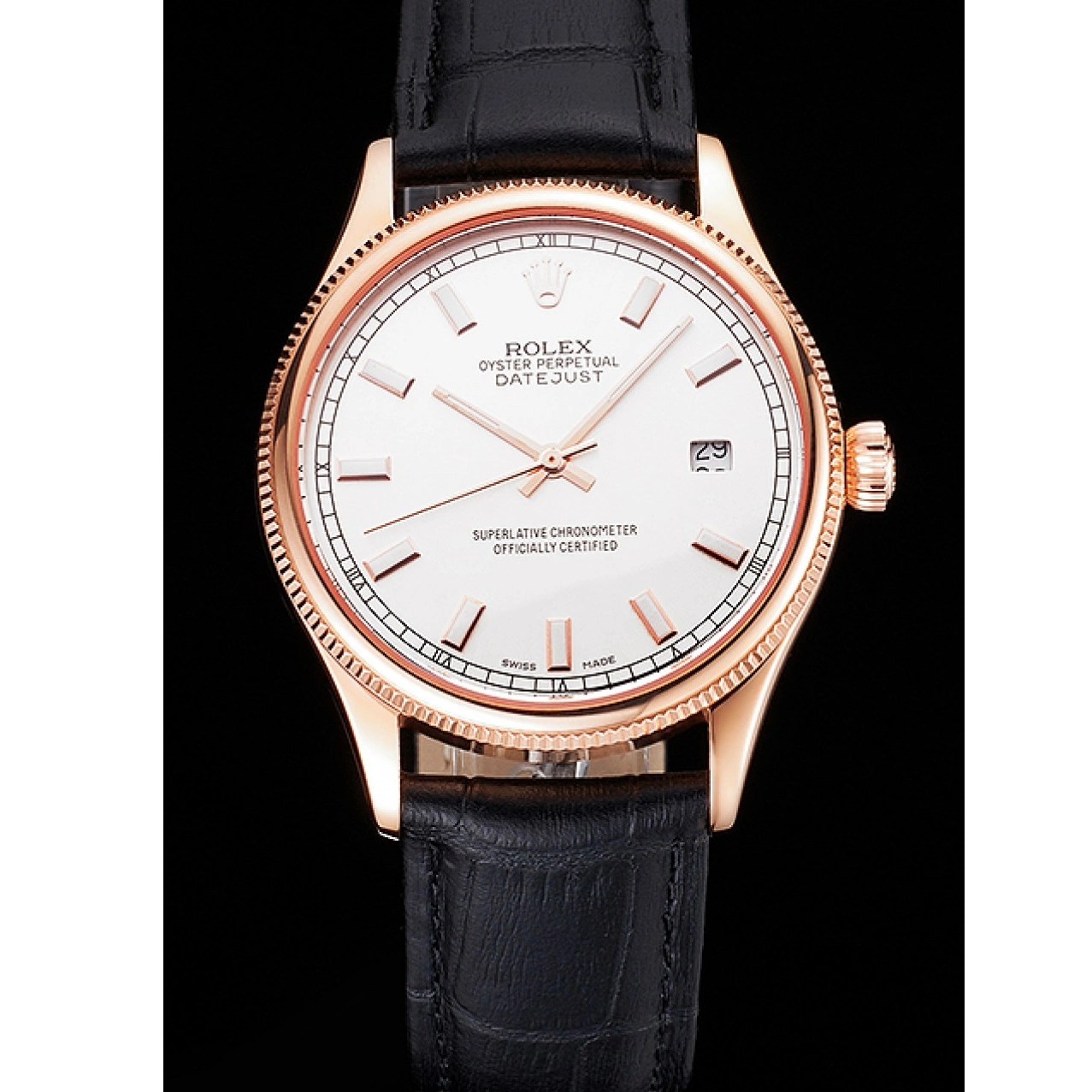 Aaa fake watches Black Datejust Gold Strap Swiss Rose Dial Leather Rolex Case White 0728